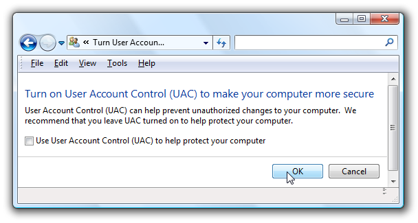 turn on user account control